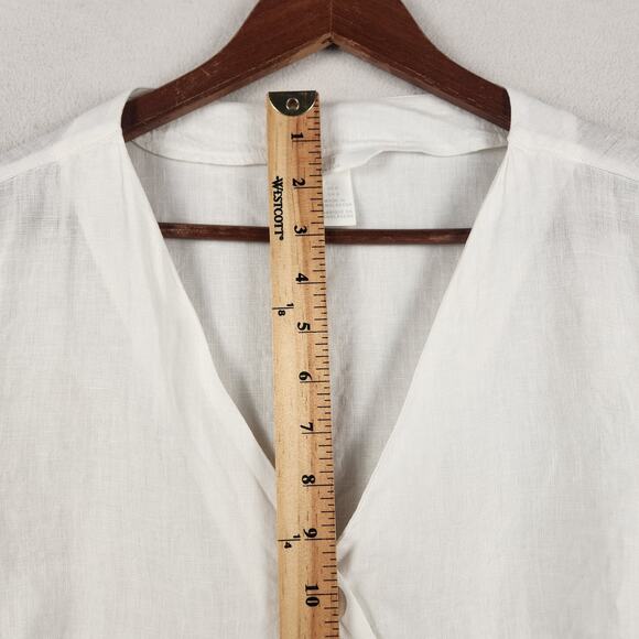 H&M 100% Linen Peplum Wrap Blouse Women’s SZ 8 White Tie Pearl Buttons EUC - Picture 11 of 14